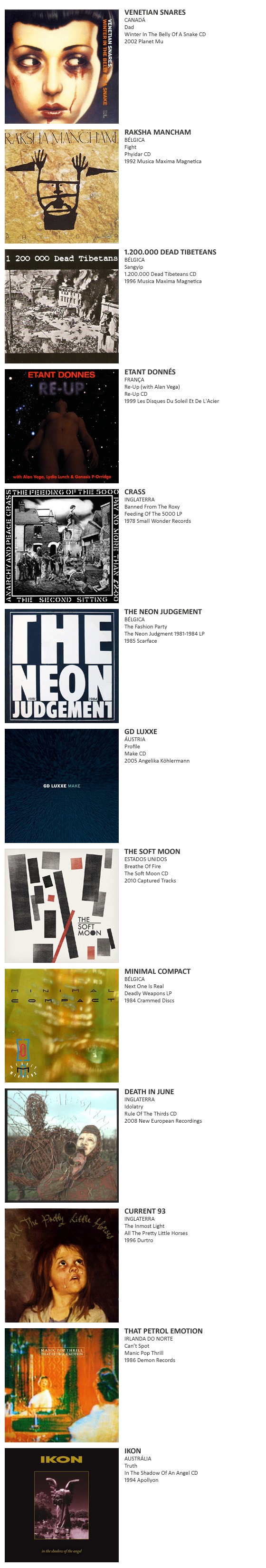 Venetian Snares, Raksha Mancham, 1.200.000 Dead Tibeteans, Etant Donnés, Crass, The Neon Judgement, GD Luxxe, The Soft Moon, Minimal Compact, Death In June, Current 93, That Petrol Emotion, Ikon, Containner 90, Spark!, Welle:Erdball, Team Maria