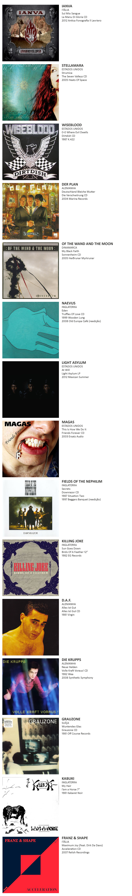 Ianva, Stellamara, Wiseblood, Der Plan, Of The Wand And The Moon, Naevus, Die Krupps, Light Asylum, Magas, Fields Of The Nephilim, Killing Joke, DAF, Die Krupps, Grauzone, Kabuki, Franz & Shape