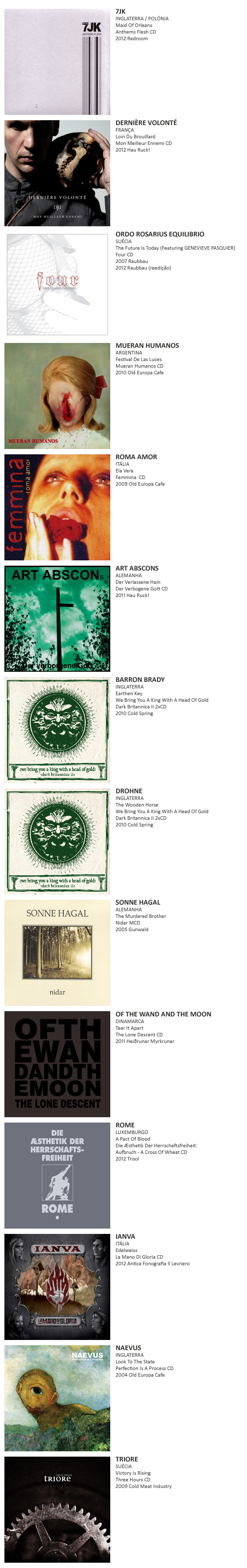 7jk, Dernière Volonté, Ordo Rosarius Equilibrio, Mueran Humanos, Roma Amor, Art Abscons, Barron Brady, Drohne Sonne Hagal, Of The Wand And The Moon, Rome, Ianva, Naevus, Triore