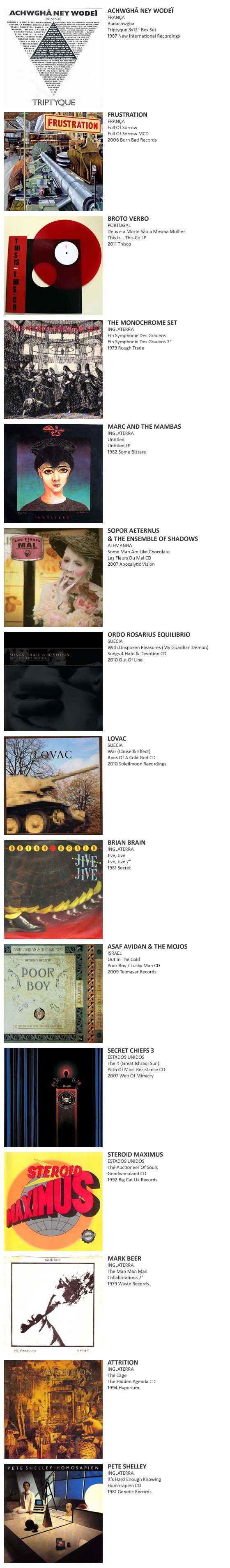 Achwgha Ney Wodei, Frustration, Broto Verbo, The Monochrome Set, Marc And The Mambas, Sopor Aeternus And The Ensemble Of Shadows, Ordo Rosarius Equilibrio, Lovac, Brian Brain, Asaf Avidan And The Mojos, Secret Chiefs 3, Steroid Maximus, Mark Beer, Attrition, Pete Shelley