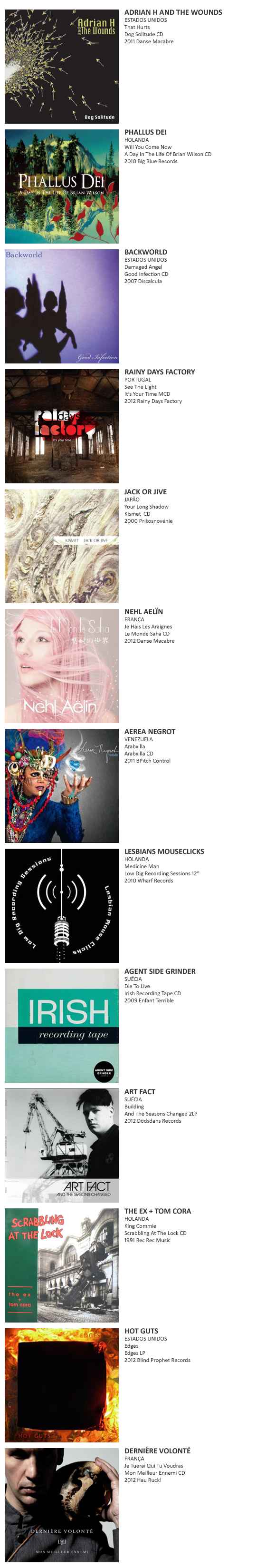 ADRIAN H AND THE WOUNDS, PHALLUS DEI, BACKWORLD, RAINY DAYS FACTORY, JACK OR JIVE, NEHL AELÏN, AEREA NEGROT, LESBIANAS MOUSECLICKS, AGENT SIDE GRINDER, ART FACT, THE EX + TOM CORA, HOT GUTS, DERNIÈRE VOLONTÉ