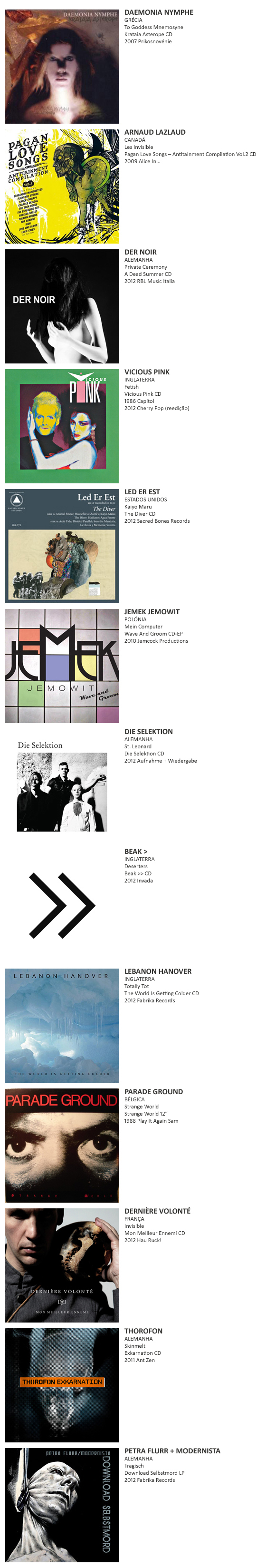 Daemonia Nymphe, Anaud Lazlaud, Der Noir, Vicious Pink, Led Er Est, Beak, Jemek Jemowit, Die Selektion, Lebanon Hanover, Dernière Volonté, Parade Ground, Thorofon, Petra Flurr + Modernista