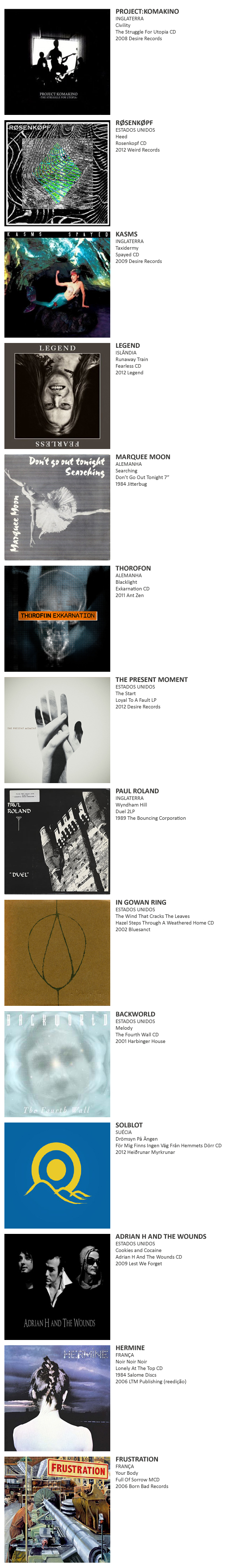 PROJECT:KOMAKINO, RØSENKØPF, KASMS, LEGEND, MARQUEE MOON, THOROFON, THE PRESENT MOMENT, PAUL ROLAND, IN GOWAN RING, BACKWORLD, SOLBLOT, ADRIAN H AND THE WOUNDS, HERMINE, FRUSTRATION