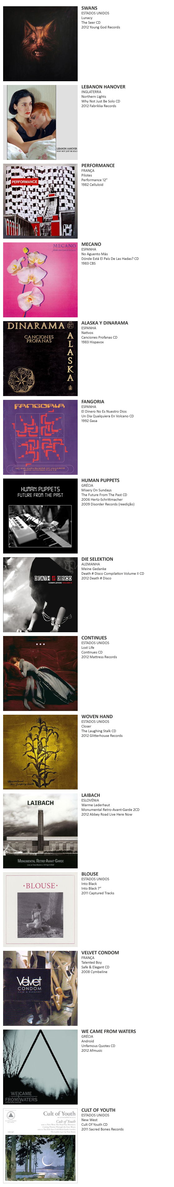 Swans, Lebanon Hanover, Performance, Mecano, Alaska Y Dinarama, Fangoria, Human Puppets, Die Selektion, Continues, Woven Hand, Laibach, Blouse, Velvet Condom, We Came From Waters, Cult Of Youth