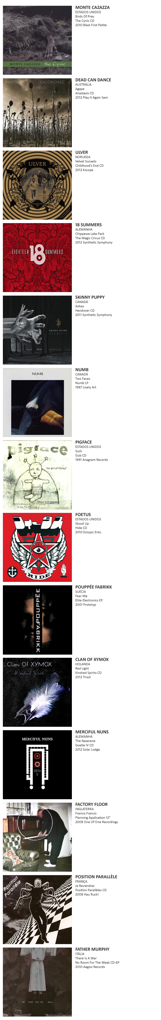MONTE CAZAZZA, POSITION PARALLÈLE, POUPPÉE FABRIKK, FOETUS, PIGFACE, NUMB, SKINNY PUPPY, 18 SUMMERS, FATHER MURPHY, CLAN OF ZYMOX, ULVER, DAD CAN DANCE, MERCIFUL NUNS, FACTORY FLOOR