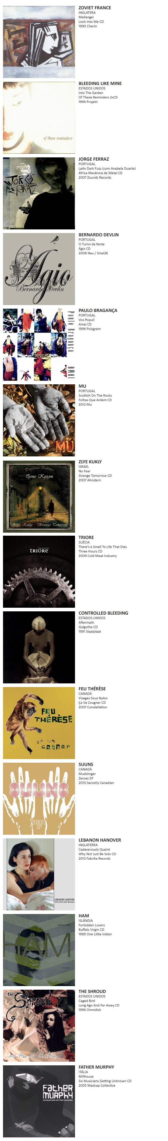 ZOVIET FRANCE, BLEEDING LIKE MINE, JORGE FERRAZ, BERNARDO DEVLIN, PAULO BRAGANÇA, MU, ZLYE KUKLY, TRIORE,  CONTROLLED BLEEDING, FEU THÉRÈSE, SUUNS, LEBANON HANOVER,  HAM , THE SHROUD, FATHER MURPHY