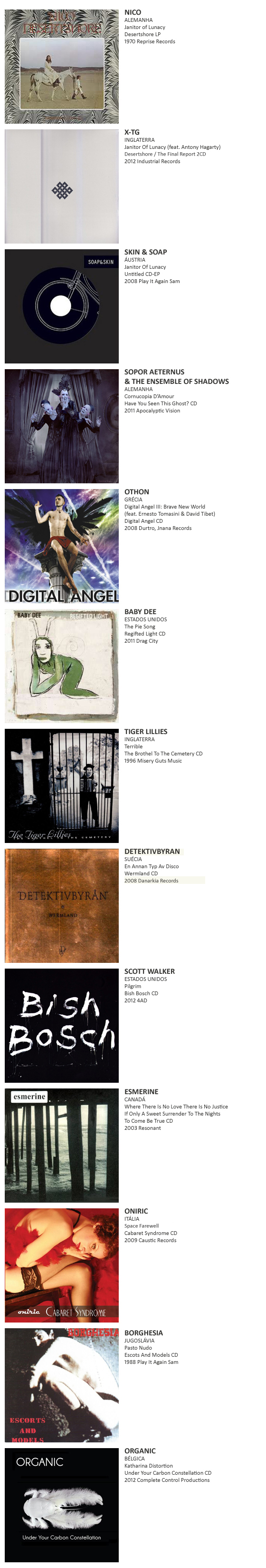 NICO, X-TG, SOAP&SKIN,  SOPOR AETERNUS & THE ENSEMBLE OF SHASDOWS, OTHON, BABY DEE, TIGER LILLIES, DETEKTIVBYRAN, SCOTT WALKER, ESMERINE, ONIRIC, BORGHESIA, ORGANIC, FRUSTRATION, HOLOGRAMS, THE LOST RIVERS