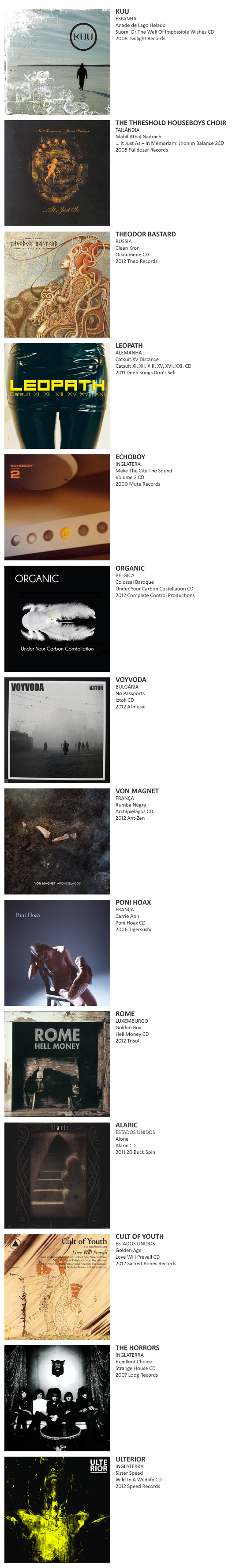 KUU, THE THRESHOLD HOUSEBOYS CHOIR, THEODOR BASTARD,  LEOPATH, ECHOBOY, ORGANIC, VOYVODA, VON MAGNET,  PONI HOAX,  ROME, ALARIC,  CULT OF YOUTH , THE HORRORS, ULTERIOR 
