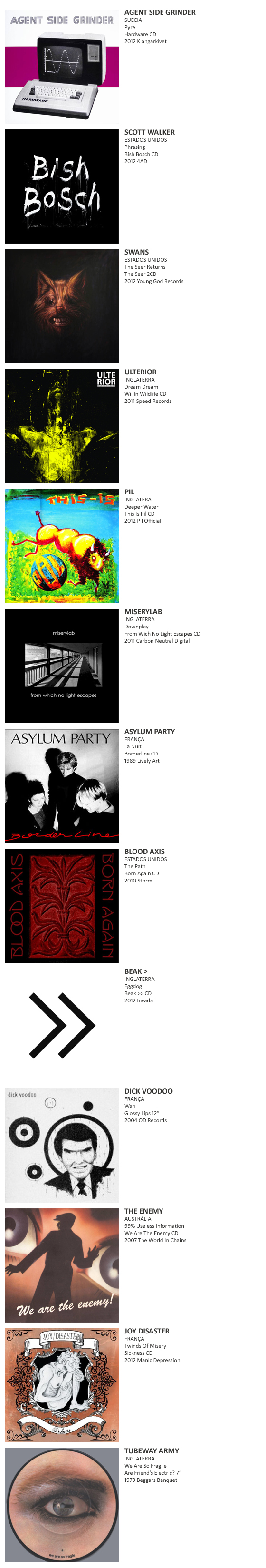 AGENT SIDE GRINDER, SCOTT WALKER, SWANS, ULTERIOR, PIL, MISERYLAB, ASYLUM PARTY, BLOOD AXIS, BEAK, DICK VOODOO, THE ENEMY, JOY DISASTER, TUBEWAY ARMY