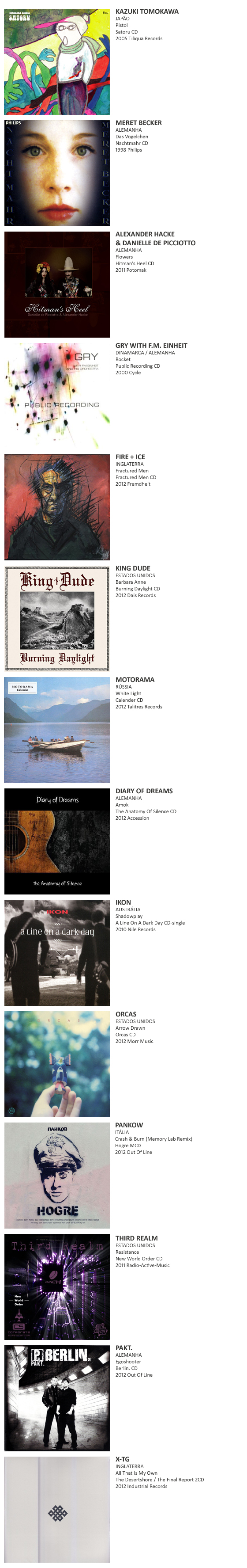 KAZUKI TOMOKAWA, MERET BECKER, ALEXANDER HACKE & DANIELLE DE PICCIOTTO, GRY WITH F.M. EINHEIT, FIRE + ICE, KING DUDE, MOTORAMA, DIARY OF DREAMS, IKON, ORCAS,  PANKOW, THIRD REALM, PAKT., X-TG