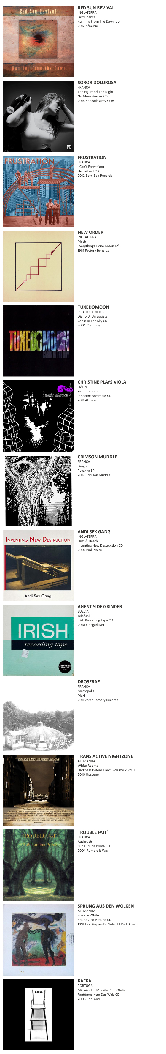 RED SUN REVIVAL, SOROR DOLOROSA, FRUSTRATION, NEW ORDER,  TUXEDOMOON,  CHRISTINE PLAYS VIOLA, CRIMSON MUDDLE, ANDI SEX GANG, AGENT SIDE GRINDER , DROSERAE, TRANS ACTIVE NIGHTZONE, TROUBLE FAIT, SPRUNG AUS DEN WOLKEN, KAFKA