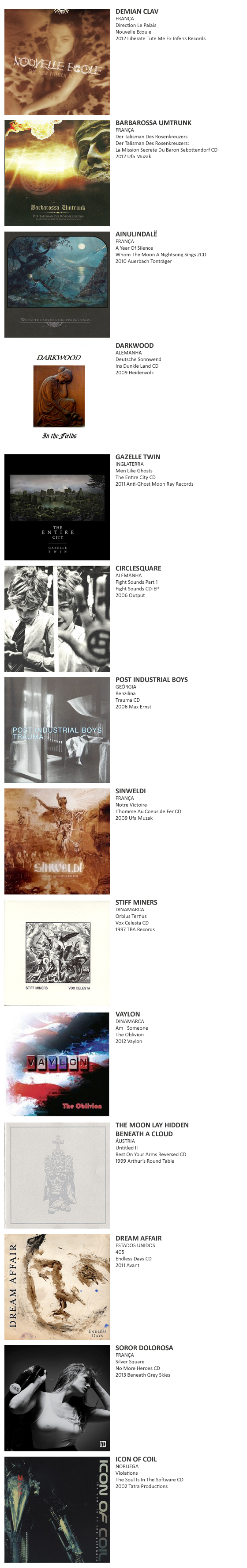 DEMIAN CLAV, BARBAROSSA UMTRUNK, AINULINDALË, DARKWOOD, GAZELLE TWIN, CIRCLESQUARE, POST INDUSTRIAL BOYS, SINWELDI, STIFF MINERS, VAYLON, THE MOON LAY HIDDEN BENEATH A CLOUD, DREAM AFFAIR, SOROR DOLOROSA,  ICON OF COIL 