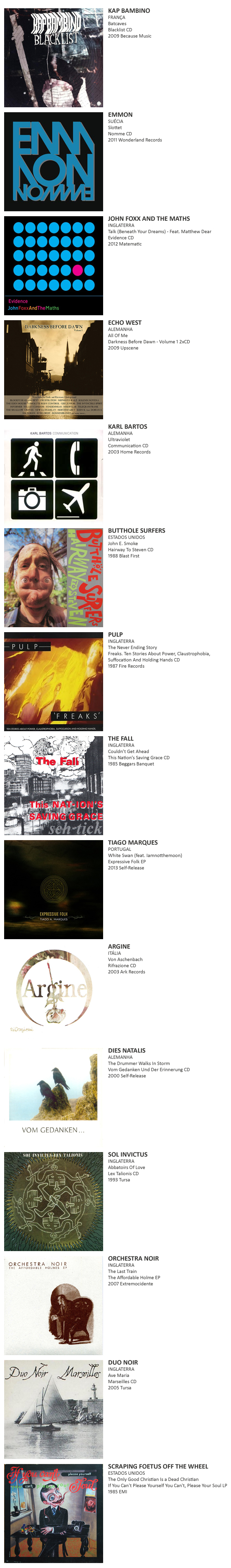 KAP BAMBINO, EMMON, JOHN FOXX AND THE MATHS,  ECHO WEST, KARL BARTOS, BUTTHOLE SURFERS, PULP,  THE FALL, TIAGO MARQUES, ARGINE, DIES NATALIS, SOL INVICTUS, ORCHESTRA NOIR, DUO NOIR, SCRAPING FOETUS OFF THE WHEEL