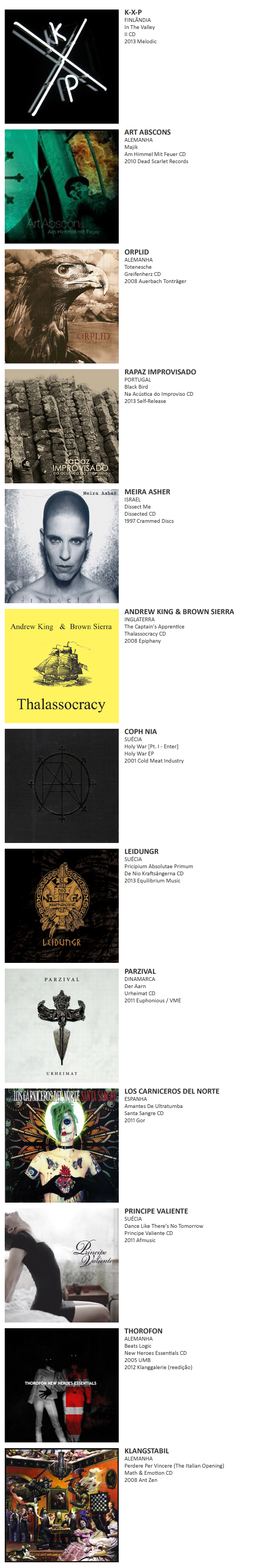 K-X-P, ART ABSCONS,  ORPLID, RAPAZ IMPROVISADO, MEIRA ASHER, ANDREW KING & BROWN SIERRA, COPH NIA, LEIDUNGR, PARZIVAL,  LOS CARNICEROS DEL NORTE, PRINCIPE VALIENTE, THOROFON,  KLANGSTABIL 
