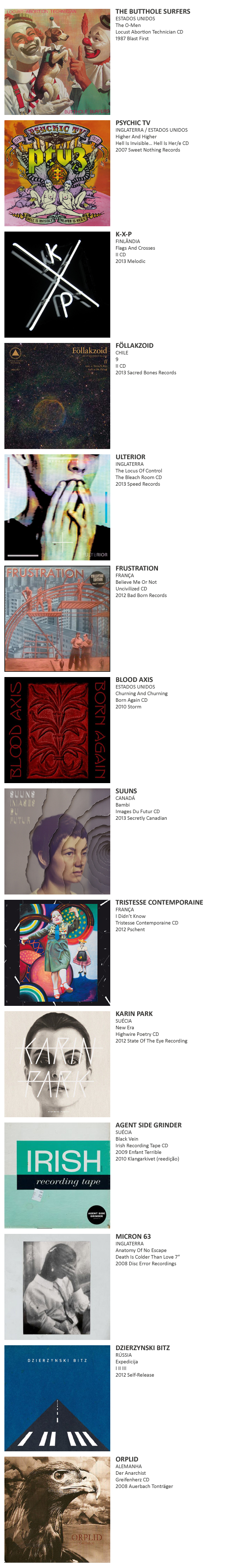 THE BUTTHOLE SURFERS,  PSYCHIC TV,  K-X-P,  FÖLLAKZOID, ULTERIOR, FRUSTRATION, BLOOD AXIS,  SUUNS,  TRISTESSE CONTEMPORAINE,  KARIN PARK, AGENT SIDE GRINDER, MICRON 63, DZIERZYNSKI BITZ,  ORPLID