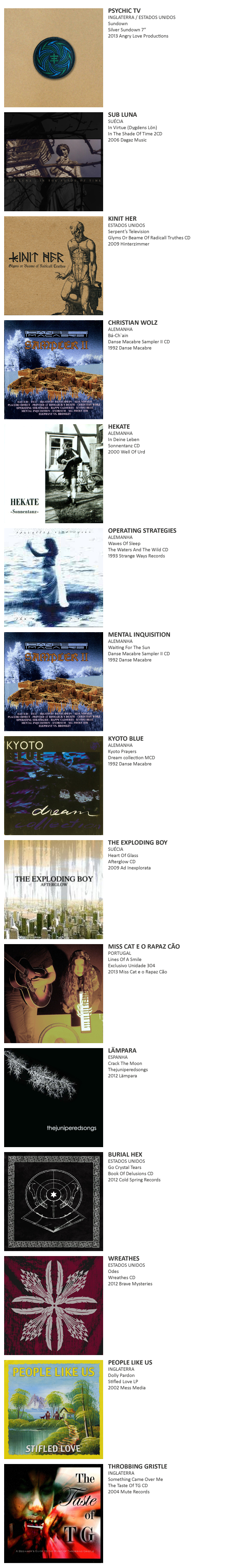 PSYCHIC TV, SUB LUNA, KINIT HER,  CHRISTIAN WOLZ,  HEKATE, OPERATING STRATEGIES, MENTAL INQUISITION, KYOTO BLUE, THE EXPLODING BOY, MISS CAT E O RAPAZ CÃO,  LÄMPARA, BURIAL HEX, WREATHES, PEOPLE LIKE US, THROBBING GRISTLE