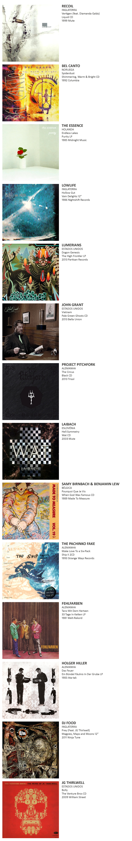 RECOIL, BEL CANTO,  THE ESSENCE,  LOWLIFE, LUMERIANS, JOHN GRANT, PROJECT PITCHFORK, LAIBACH, SAMY BIRNBACH & BENJAMIN LEW,  THE PACHINKO FAKE, FEHLFARBEN, HOLGER HILLER, DJ FOOD, JG THIRLWELL