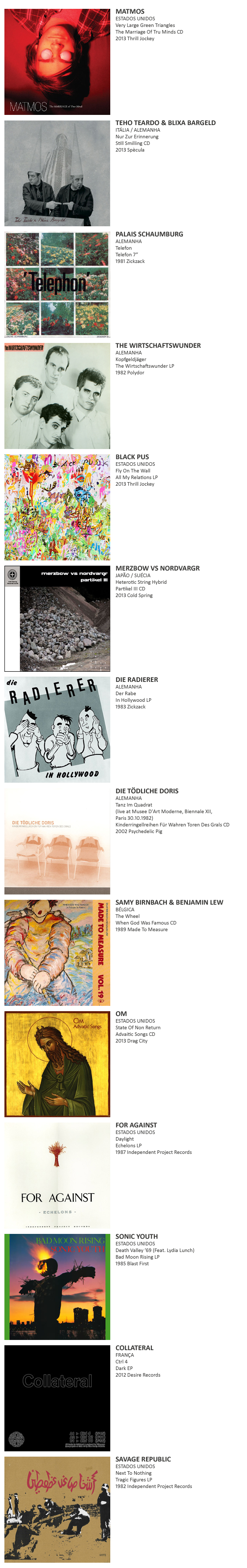 MATMOS, TEHO TEARDO & BLIXA BARGELD,  PALAIS SCHAUMBURG,  THE WIRTSCHAFTSWUNDER,  BLACK PUS,  MERZBOW VS NORDVARGR, DIE RADIERER, DIE TÖDLICHE DORIS, SAMY BIRNBACH & BENJAMIN LEW, OM, FOR AGAINST, SONIC YOUTH, COLLATERAL, SAVAGE REPUBLIC, DIE SELEKTION, EDEN SYNTHETIC CORPS 