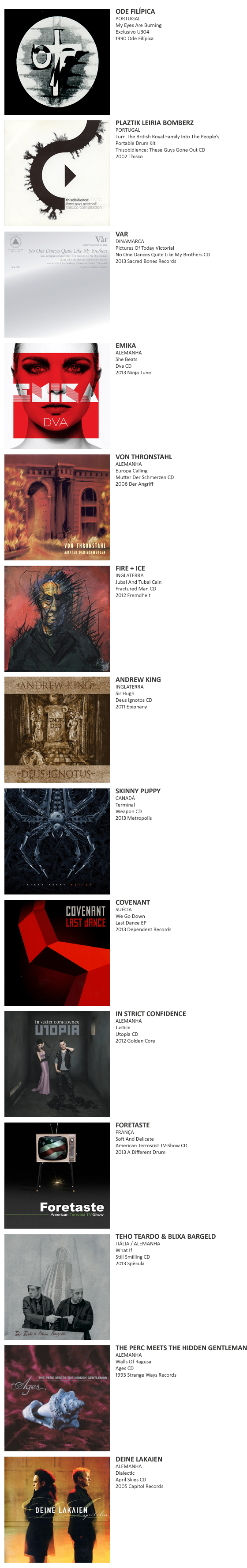 ODE FILÍPICA, PLAZTIK LEIRIA BOMBERZ, VAR, EMIKA, VON THRONSTAHL, FIRE + ICE, ANDREW KING,  SKINNY PUPPY, COVENANT, IN STRICT CONFIDENCE, FORETASTE, TEHO TEARDO & BLIXA BARGELD, THE PERC MEETS THE HIDDEN GENTLEMAN, DEINE LAKAIEN, THE WIRTSCHAFTSWUNDER