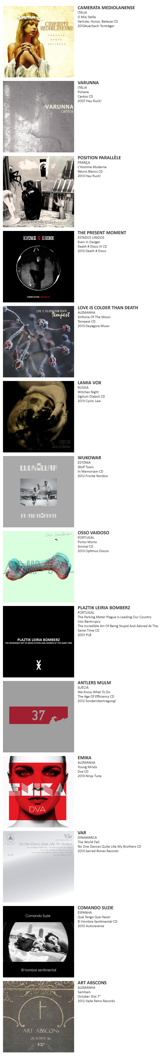 CAMERATA MEDIOLANENSE, VARUNNA, POSITION PARALLÀLE, THE PRESENT MOMENT, LOVE IS COLDER THAN DEATH, LAMIA VOX, WUKOWAR, OSSO VAIDOSO, PLAZTIK LEIRIA BOMBERZ, ANTLERS MULM, EMIKA, VAR, COMANDO SUZIE, ART ABSCONS, ONIRIC, TEHO TEARDO & BLIXA BARGELD