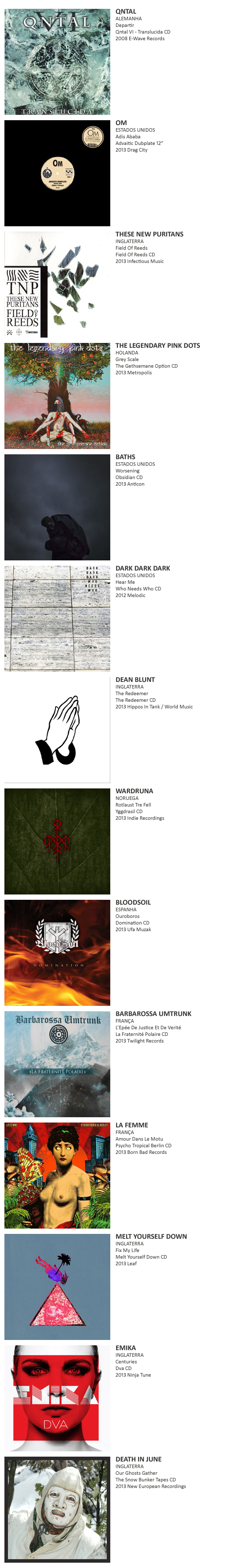 QNTAL, OM, THESE NEW PURITANS, THE LEGENDARY PINK DOTS,  BATHS, DARK DARK DARK, DEAN BLUNT, WARDRUNA, BLOODSOIL, BARBAROSSA UMTRUNK, LA FEMME, MELT YOURSELF DOWN, EMIKA, DEATH IN JUNE