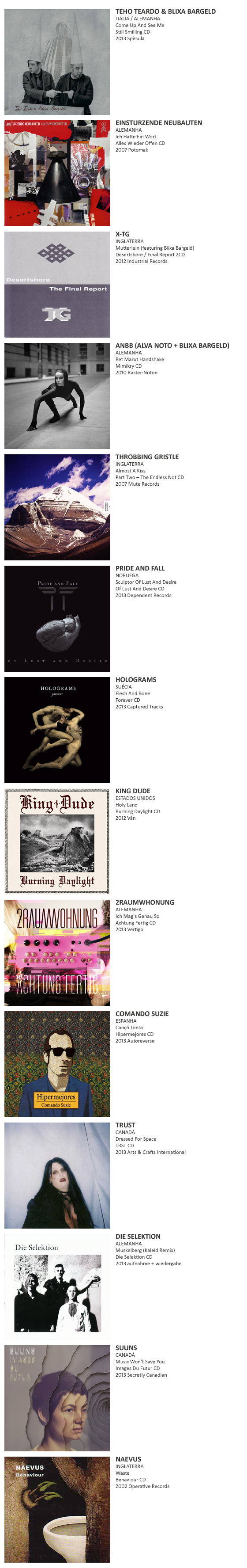 TEHO TEARDO & BLIXA BARGELD, EINSTURZENDE NEUBAUTEN, X-TG, ANBB (ALVA NOTO / BLIXA BARGELD), THROBBING GRISTLE, PRIDE AND FALL, HOLOGRAMS, KING DUDE, 2RAUMWOHNUNG, COMANDO SUZIE, TRUST, DIE SELEKTION, SUUNS, NAEVUS