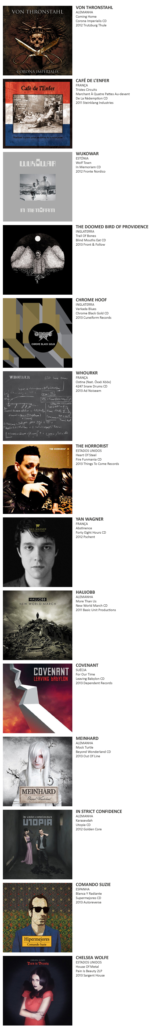 VON THRONSTAHL, CAFÉ DE L’ENFER, WUKOWAR , THE DOOMED BIRD OF PROVIDENCE, CHROME HOOF, WHOURKR, THE HORRORIST,  YAN WAGNER, HAUJOBB, COVENANT, MEINHARD,  IN STRICT CONFIDENCE, COMANDO SUZIE, CHELSEA WOLFE