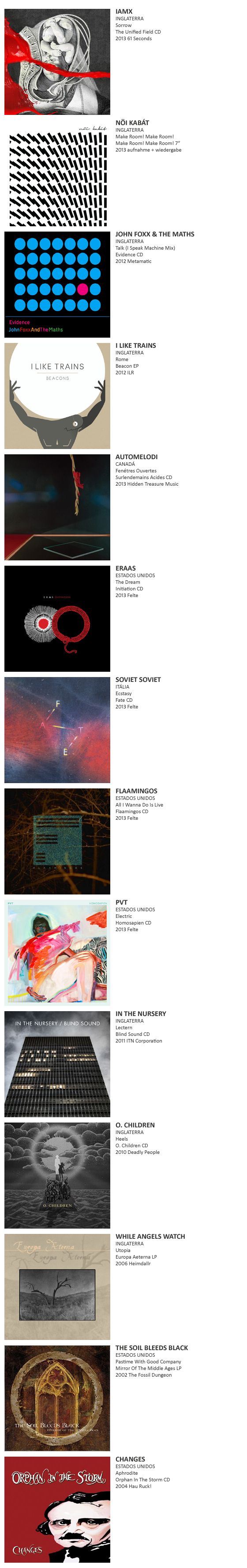 IAMX, NÖI KABÁT, JOHN FOXX AND THE MATHS, I LIKE TRAINS, AUTOMELODI, ERAAS, SOVIET SOVIET, FLAAMINGOS, PVT, IN THE NURSERY, O.CHILDREN, WHILE ANGELS WATCH, THE SOIL BLEEDS BLACK, CHANGES, DER NOIR, BEAK, PARZIVAL, LADY MORPHIA, SHE PAST AWAY