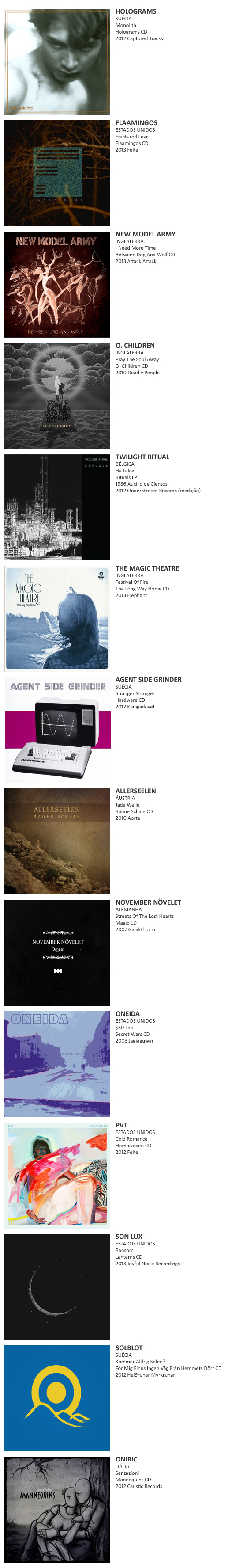 HOLOGRAMS, FLAAMINGOS, NEW MODEL ARMY, O. CHILDREN, TWILIGHT RITUAL, THE MAGIC THEATRE, AGENT SIDE GRINDER, ALLERSEELEN, NOVEMBER NÖVELET, ONEIDA, PVT,  SON LUX,  SOLBLOT,  ONIRIC, THOSE POOR BASTARDS, ULTERIOR