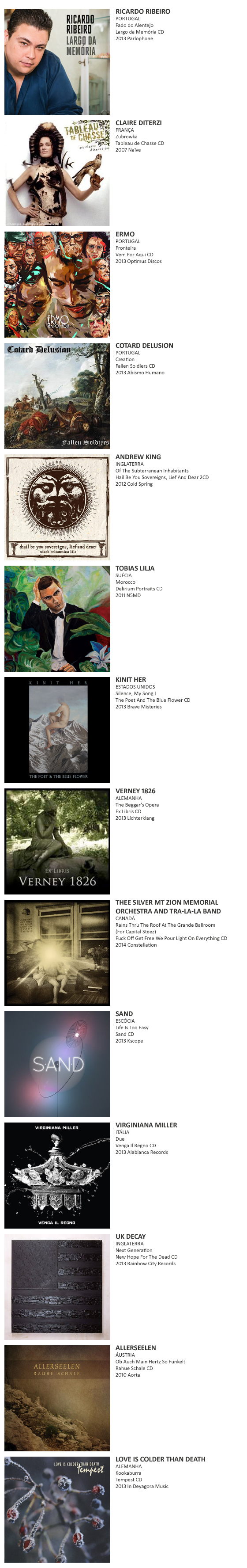 RICARDO RIBEIRO, CLAIRE DITERZI, ERMO, COTARD DELUSION, ANDREW KING, TOBIAS LILJA,  KINIT HER, VERNEY 1826,  THEE SILVER MT ZION MEMORIAL ORCHESTRA AND TRA-LA-LA BAND, SAND, VIRGINIANA MILLER,  UK DECAY, ALLERSEELEN, LOVE IS COLDER THAN DEATH,  KÉPZELT VÁROS, NOI KÁBAT, DARKWOOD