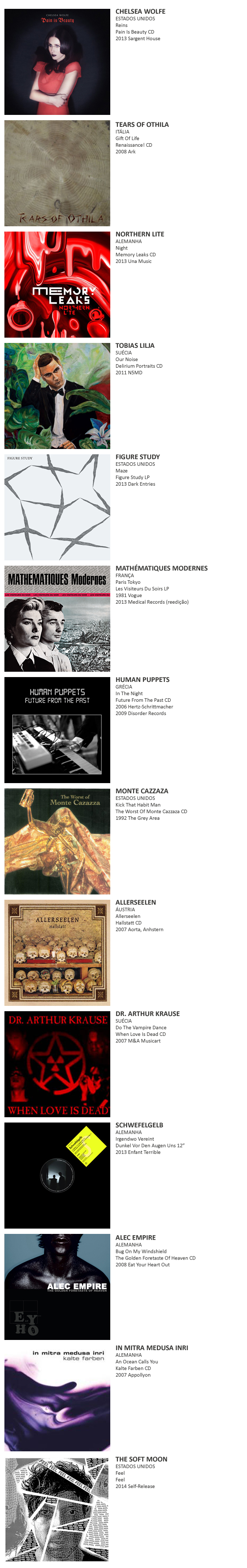 CHELSEA WOLFE, TEARS OF OTHILA, NORTHERN LITE, TOBIAS LILJA, FIGURE STUDY, MATHÉMATIQUES MODERNES, HUMAN PUPPETS, MONTE CAZZAZA, ALLERSEELEN, DR. ARTHUR KRAUSE, SCHWEFELGELB, ALEC EMPIRE, IN MITRA MEDUSA INRI, THE SOFT MOON, DEATHDAY, AND ONE