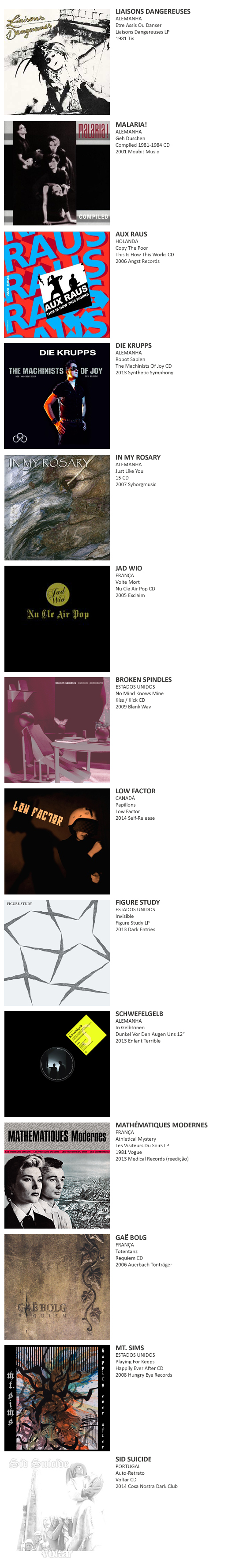 LIAISONS DANGEREUSES, MALARIA, AUX RAUS, DIE KRUPPS, IN MY ROSARY, JAD WIO, BROKEN SPINDLES, LOW FACTOR, FIGURE STUDY, SCHWEFELGELB, MATHÉMATIQUES MODERNES, GAË BOLG, MT. SIMS, SID SUICIDE, BROTO VERBO, ONEIDA, PARZIVAL, HOLOGRAMS