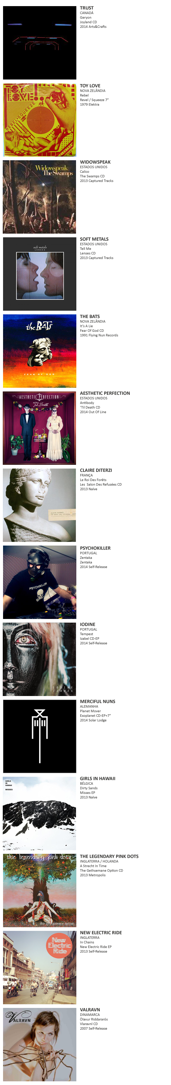 TRUST, TOY LOVE, WIDOWSPEAK, SOFT METAL, THE BATS,  AESTHETIC PERFECTION, CLAIRE DITERZI, PSYCHOKILLER, IODINE, Merciful Nuns, GIRLS IN HAWAII, THE LEGENDARY PINK DOTS, NEW ELECTRIC RIDE, VALRAVN, HOLOGRAMS