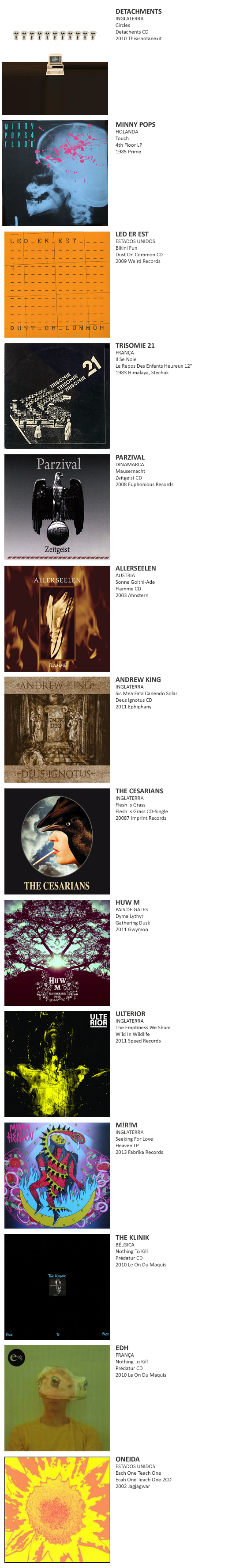 DETACHMENTS, MINNY POPS, LED ER EST, TRISOMIE 21,  PARZIVAL ALLERSEELEN, ANDREW KING, THE CESARIANS, HUW M,  ULTERIOR, M!R!M, THE KLINIK, EDH, ONEIDA, O. CHILDREN, LES ENFANTS TERRIBLES 