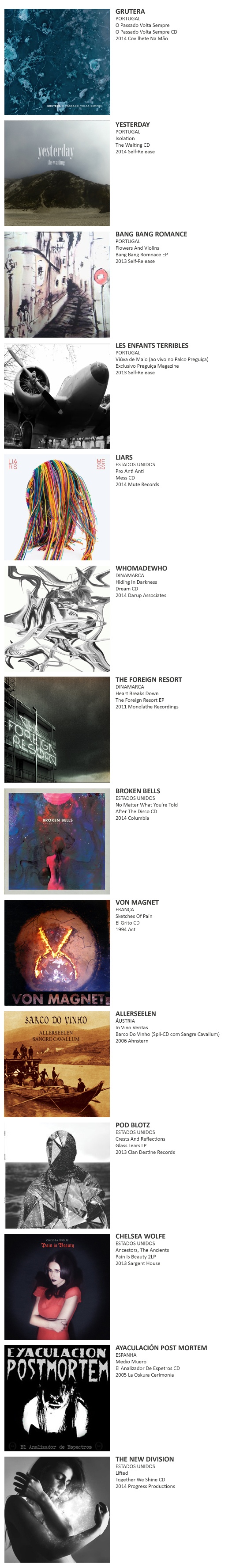 GRUTERA, YESTERDAY, BANG BANG ROMANCE, LES ENFANTS TERRIBLES, LIARS, WHOMADEWHO, THE FOREIGN RESORT, BROKEN BELLS, VON MAGNET, ALLERSEELEN, POD BLOTZ, CHELSEA WOLFE, EYACULACIÓN POST MORTEM, THE NEW DIVISION, M!R!M, PONI HOAX