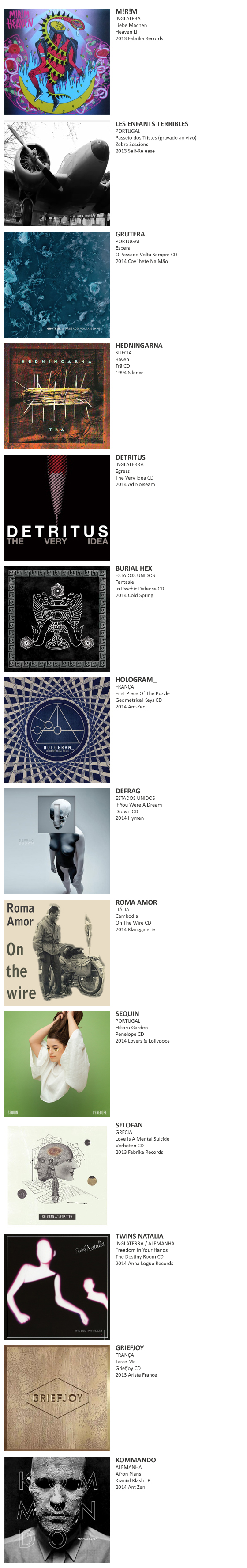 M!R!M, LES ENFANTS TERRIBLES, GRUTERA, DETRITUS, BURIAL HEX, HOLOGRAM_, DEFRAG, ROMA AMOR, SEQUIN, SELOFAN, TWINS NATALIA, GRIEFJOY, KOMMANDO, YESTERDAY, LIARS 