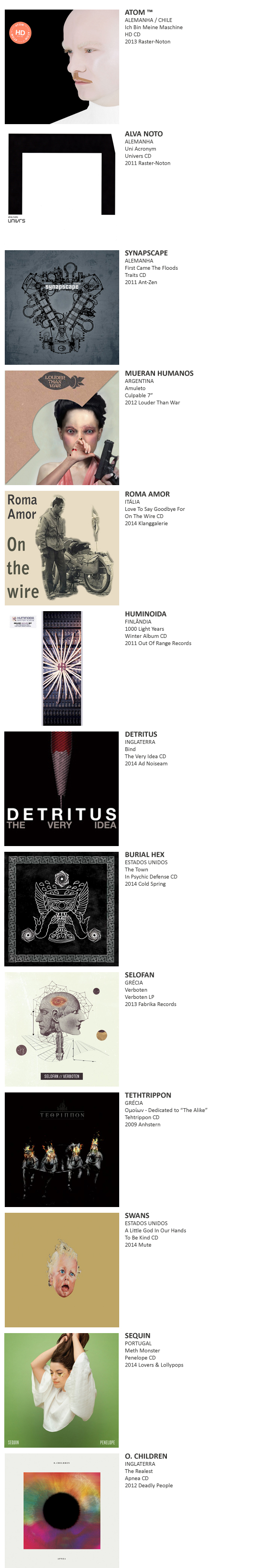 ATOM ™, ALVA NOTO, SYNAPSCAPE, MUERAN HUMANOS, ROMA AMOR, HUMINOIDA, DETRITUS, BURIAL HEX, SELOFAN, TEHTRIPPON, SWANS, SEQUIN, O.CHILDREN