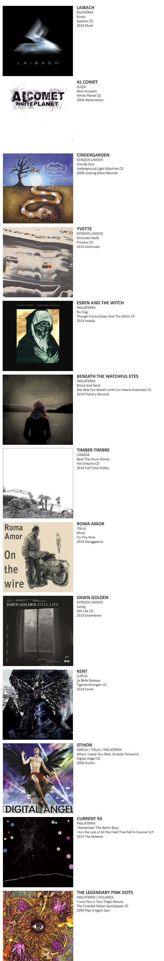 LAIBACH, AL COMET, CINDERGARDEN, YVETTE, ESBEN AND THE WITCH, BENEATH THE WATCHFUL EYES, TIMBER TIMBRE,  ROMA AMOR, DAWN GOLDEN,  KENT, OTHON, CURRENT 93,  THE LEGENDARY PINK DOTS, SHE PAST AWAY